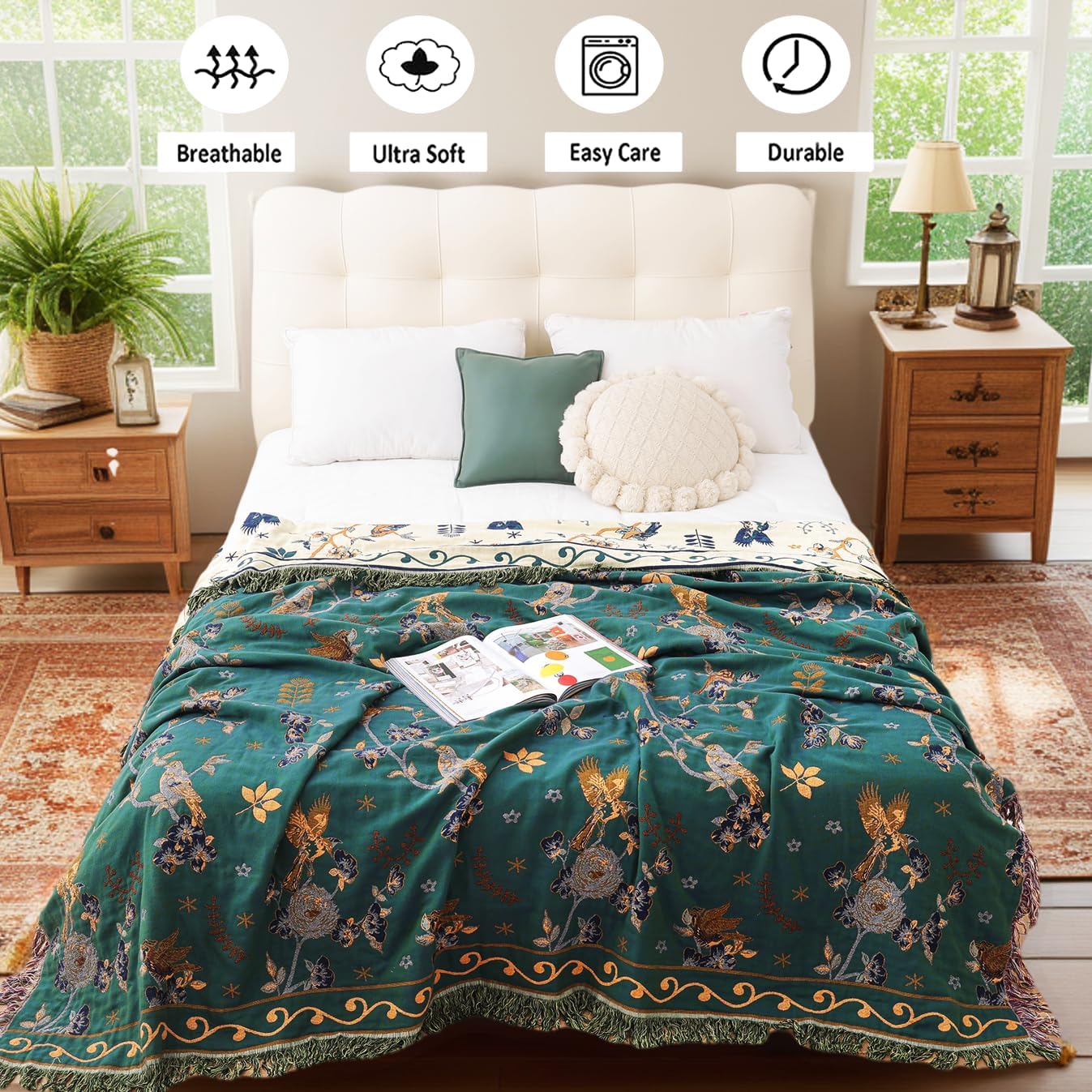 Boho 100% Organic Cotton Large Throw Blanket 50" x 60" - All Season Rustic Ultra Soft Breathable