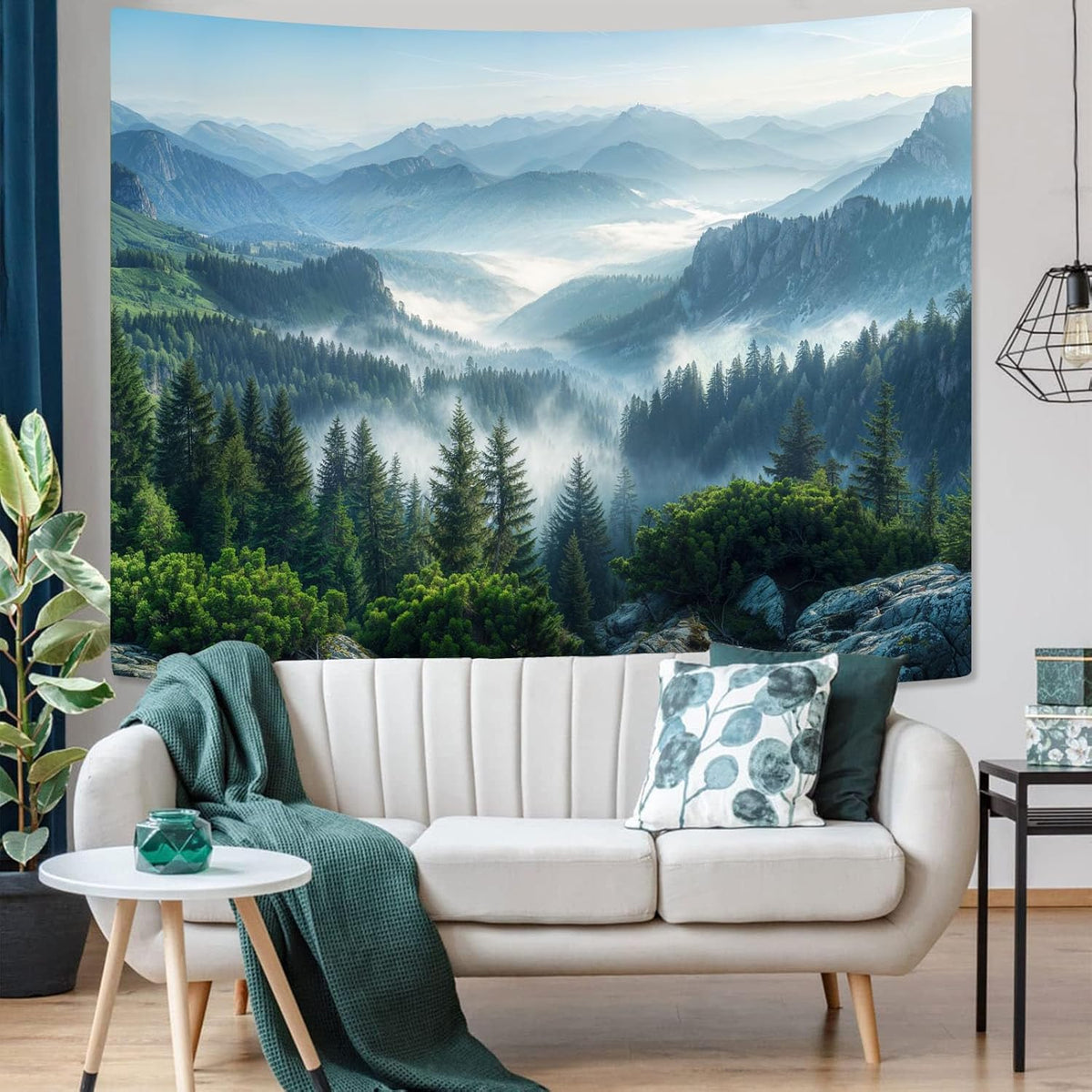 AMM Nature Forest Mountain Tapestry Green Misty Pine Tree Tapestry for Bedroom Aesthetic Foggy