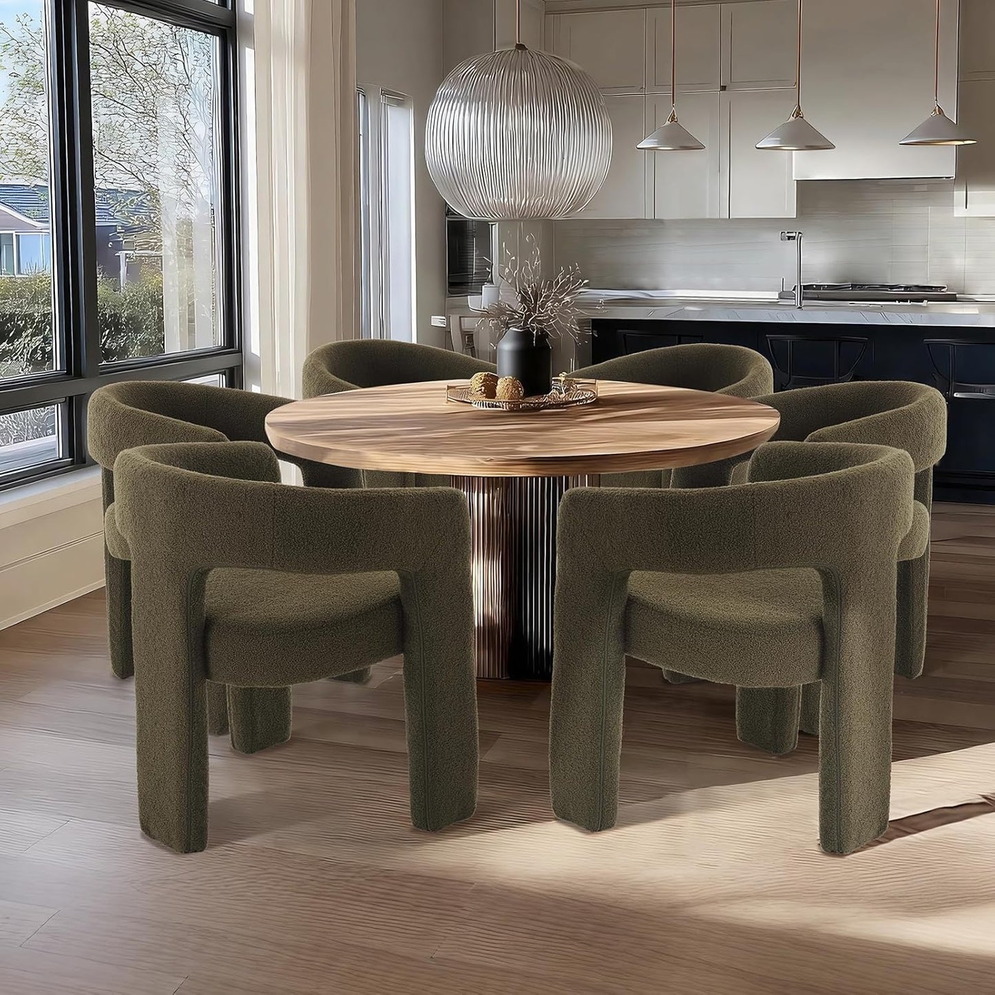 Green Sherpa Dining Chairs Set of 6, Modern Barrel Dining Room Chairs Upholstered Faux Fur Accent