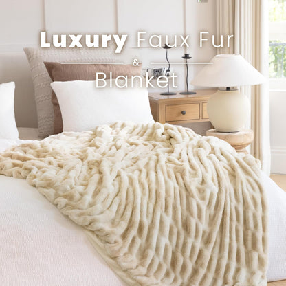 Faux Fur Blanket, Twin Size Oversized Throw Blanket for Couch, Fluffy Blanket with Stretch Ruched