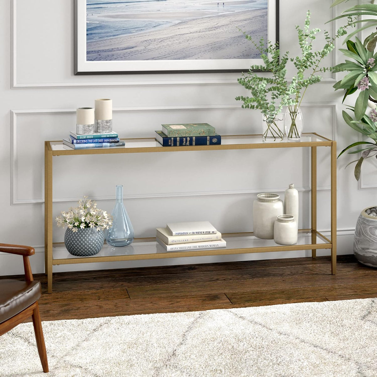Henn&Hart 64" Wide Rectangular Console Table with Glass Shelf in Brushed Brass, Entryway Table