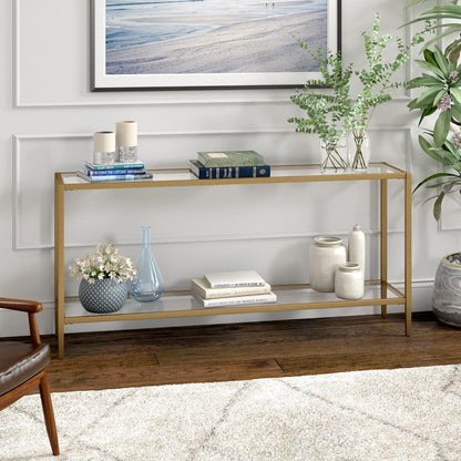 Henn&Hart 64" Wide Rectangular Console Table with Glass Shelf in Brushed Brass, Entryway Table
