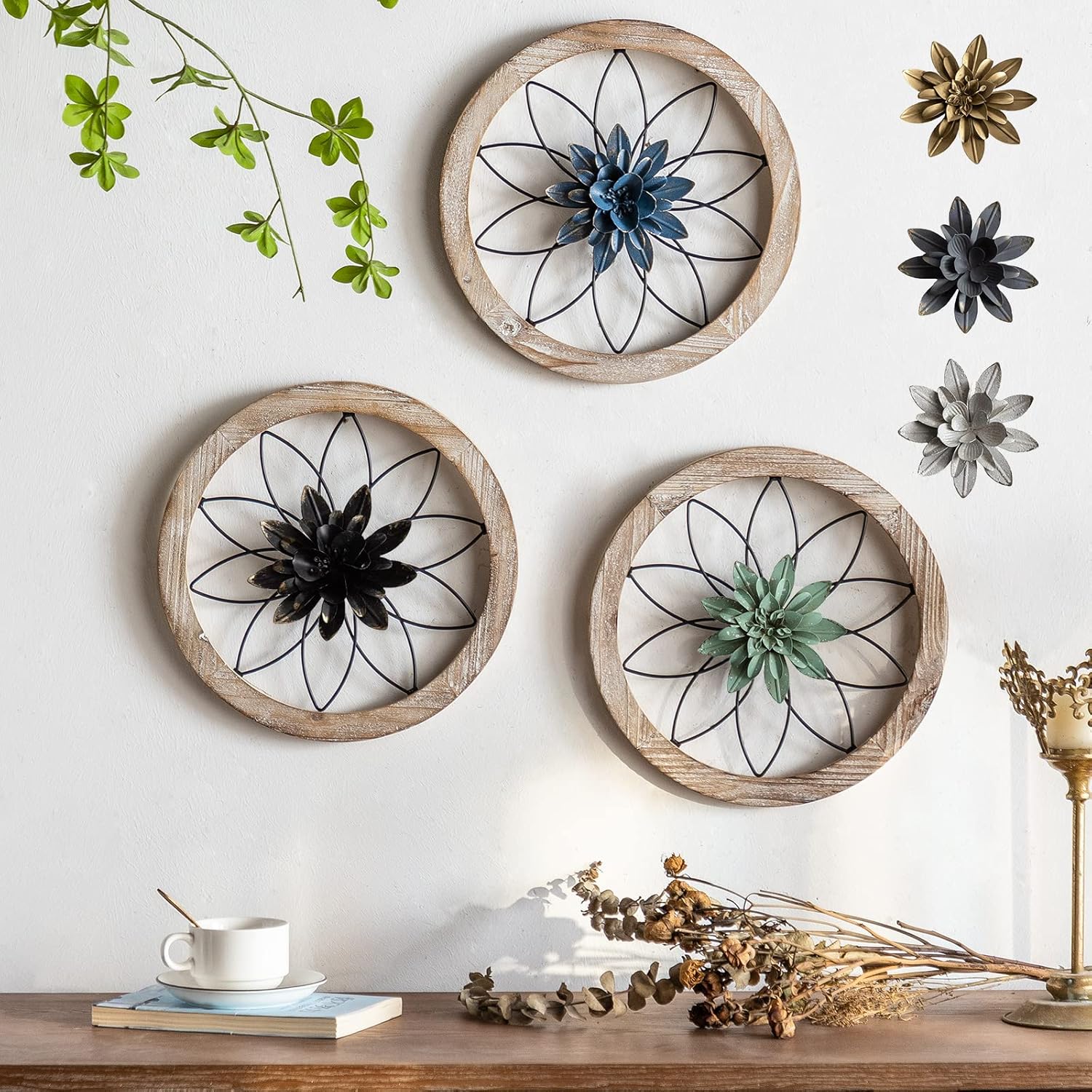 Paquesta 3 Piece Round Farmhouse Wall Decor with 6 Piece Interchangeable Flowers 12'' Medallion