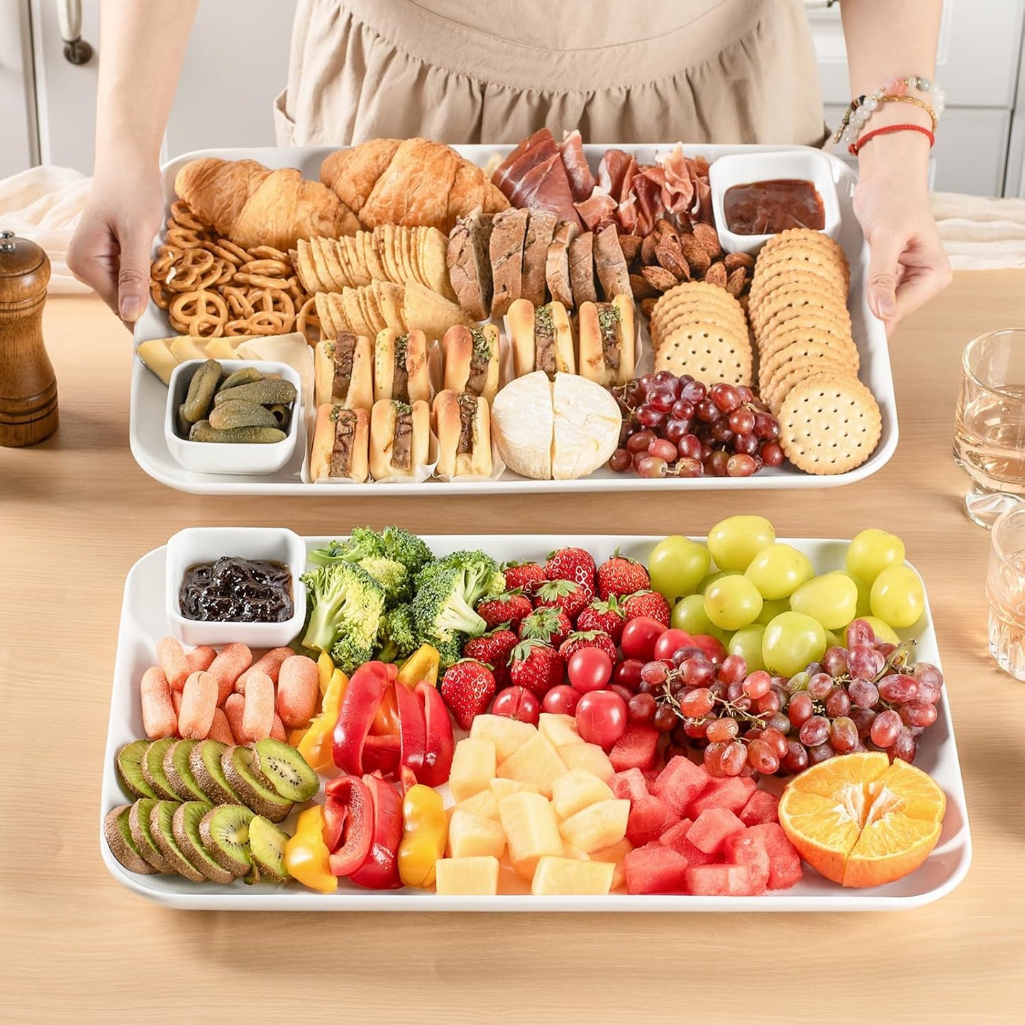DELLING Large Serving Platter, 18" x 12.3" Serving Tray-Set of 2, White Platters for Serving Food