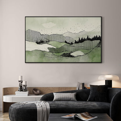 SIGNWIN 36"x60" Extra Large Framed Wall Art Green Line Art Mountain Landscape Illustration for Home