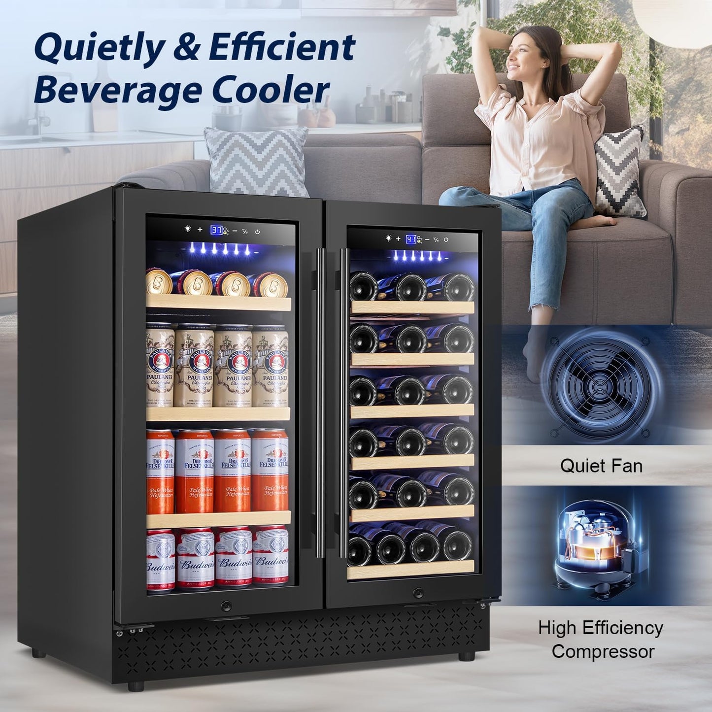 Tylza 30 Inch Wine and Beverage Refrigerator, Dual Zone Wine Beverage Cooler 30" with French Door