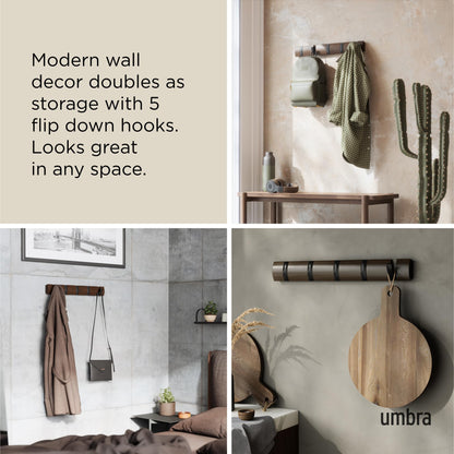 Umbra Flip Coat Rack, Wall Mounted 5-Hook Space Saving, Walnut/Black