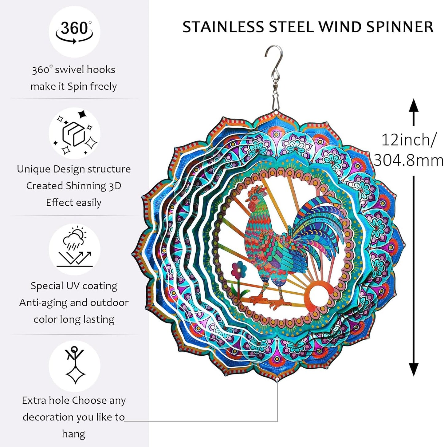 Rooster Wind Spinner for Yard and Garden,12in Wind Spinners Outdoor Rooster Gifts,Chicken Gifts for