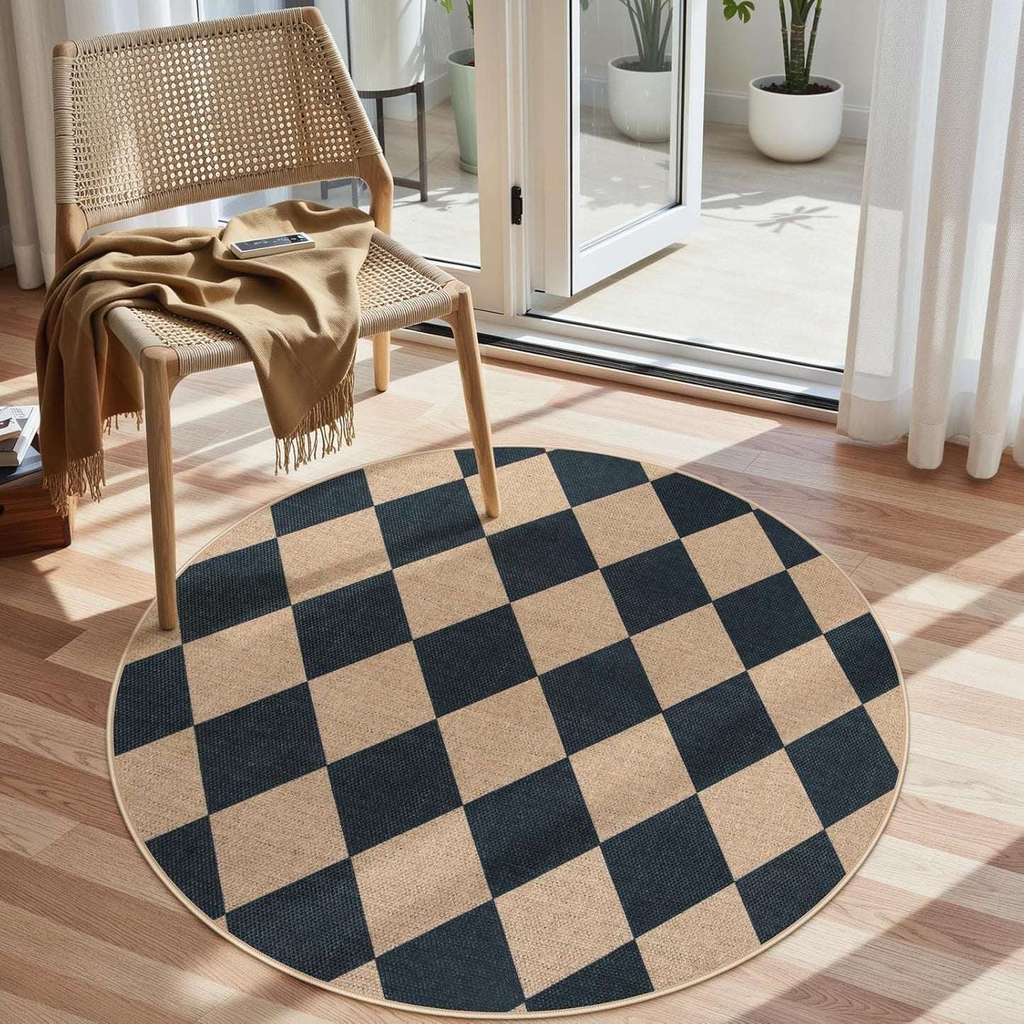 Lahome Checkered Round Entryway Rug 4ft, Circle Indoor Outdoor Patio Rug Washable Farmhouse Easy