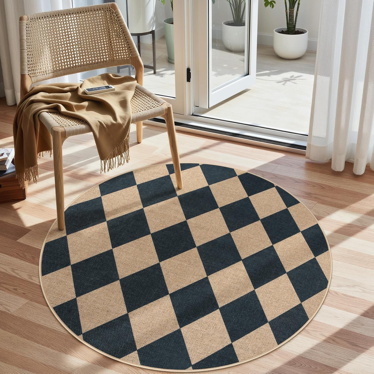Lahome Checkered Round Entryway Rug 4ft, Circle Indoor Outdoor Patio Rug Washable Farmhouse Easy