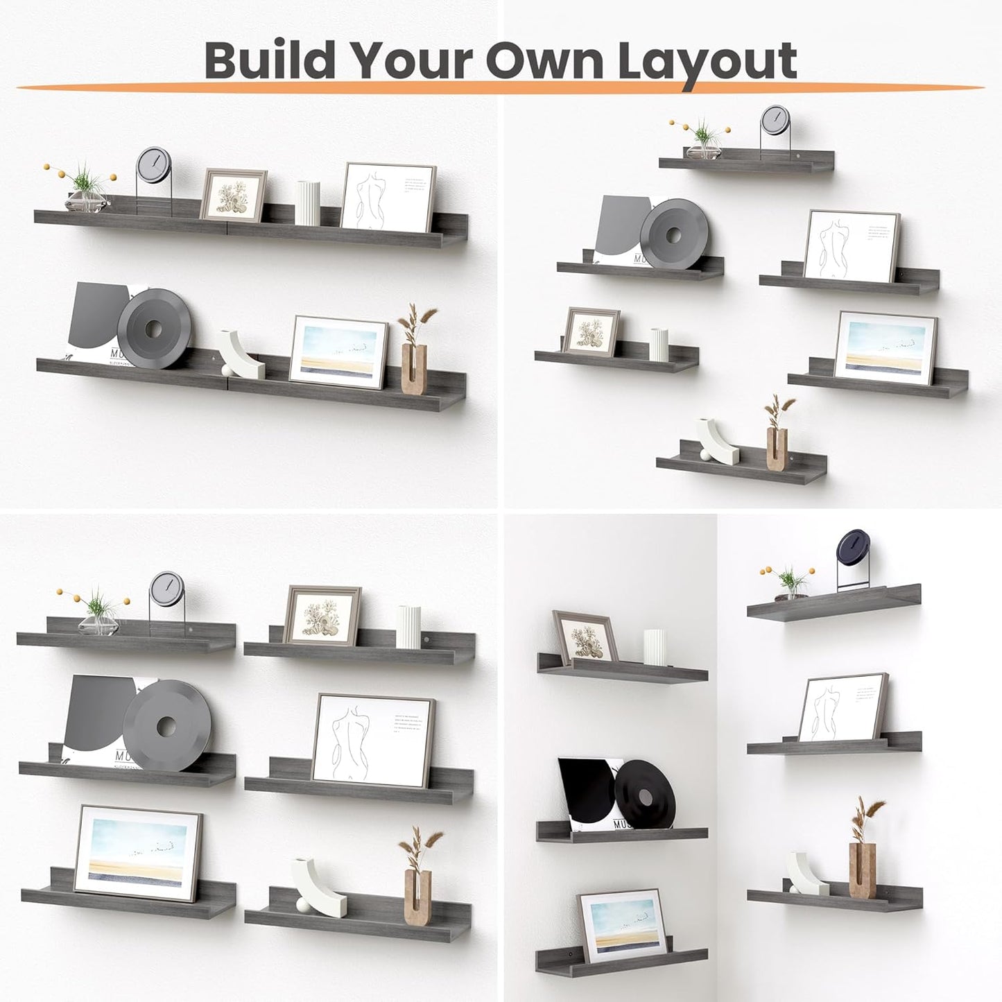 upsimples Floating Shelves for Wall, Wall Shelves for Decor Storage Set of 6, Wall Mounted Wood