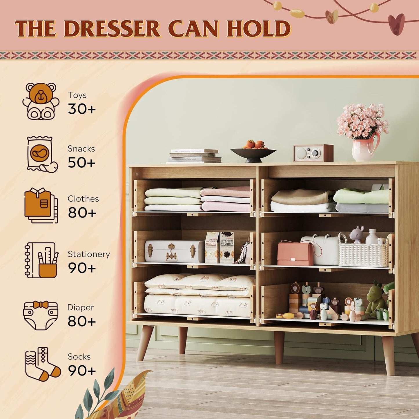 WLIVE Rattan Dresser for Bedroom, 6 Drawer 47.24'' Wide Boho Wood Dresser, Chest of Drawers, Gold