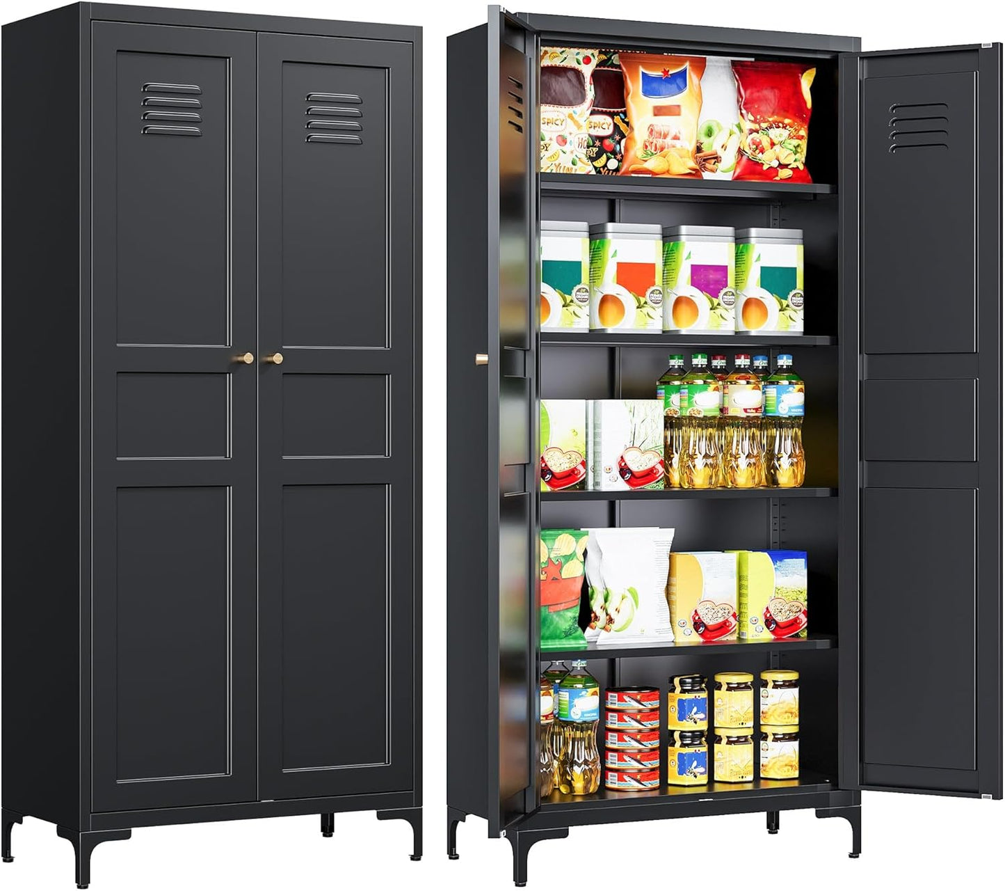 Metal Storage Cabinet with Doors and Shelves,Black Storage Cabinet with Leg,Metal Pantry