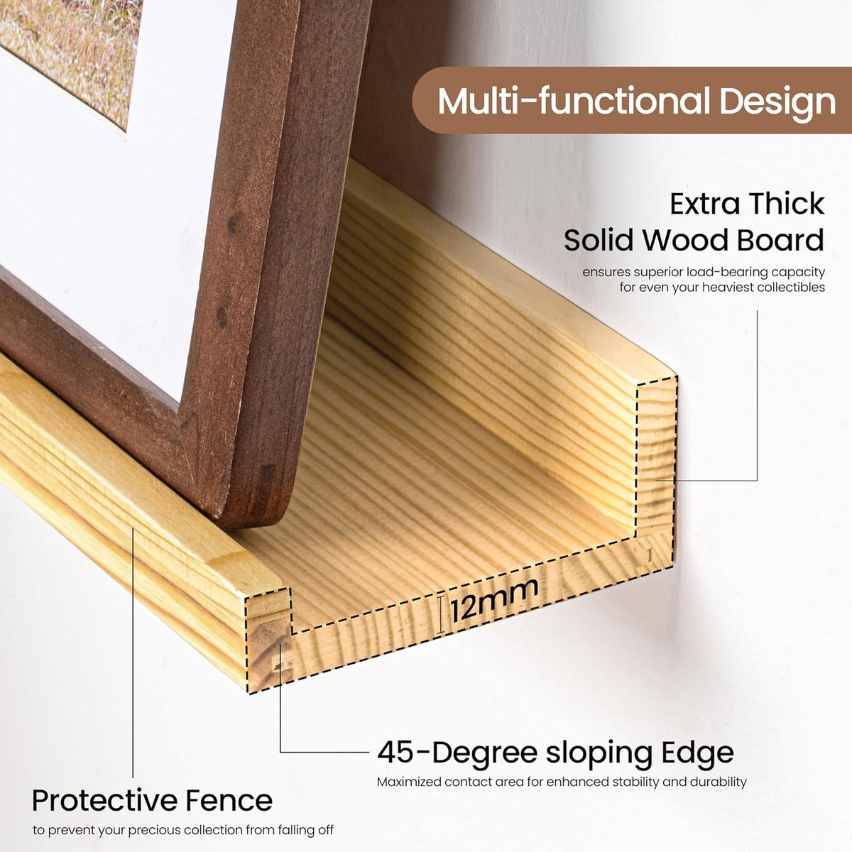 Picture Ledge Shelf, Solid Pine Wood Floating Shelves Set of 2, 40 Inches Nursery Book Shelves for