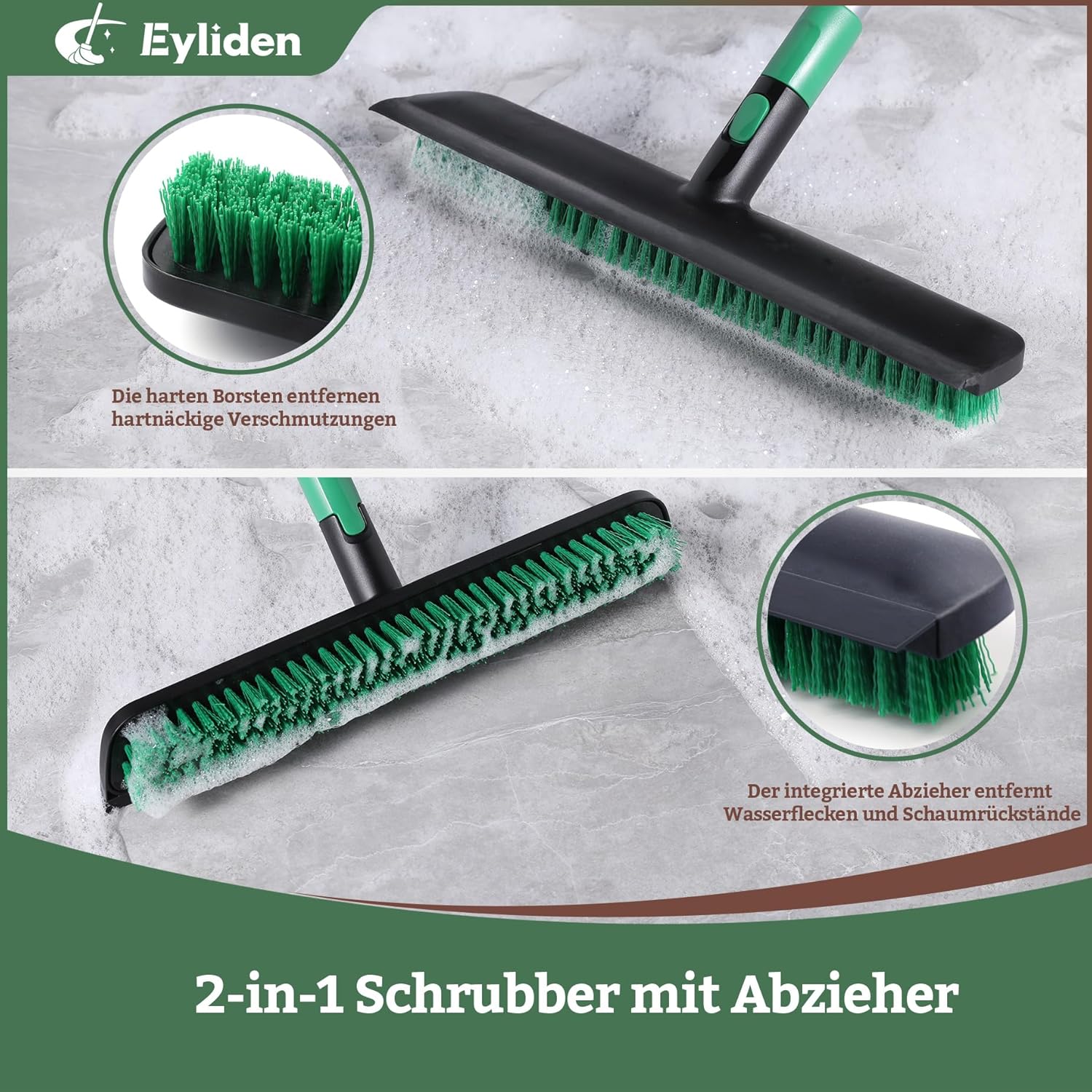 Eyliden X-Large Floor Scrub Brush, 2 in 1 Scrape Brushes with Rubber Squeegee | 55.3" Long Handle