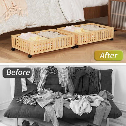 Bamboo Under Bed Storage with Wheels (2-Pack) – Rolling Underbed Shoe Organizer Box for Shoes