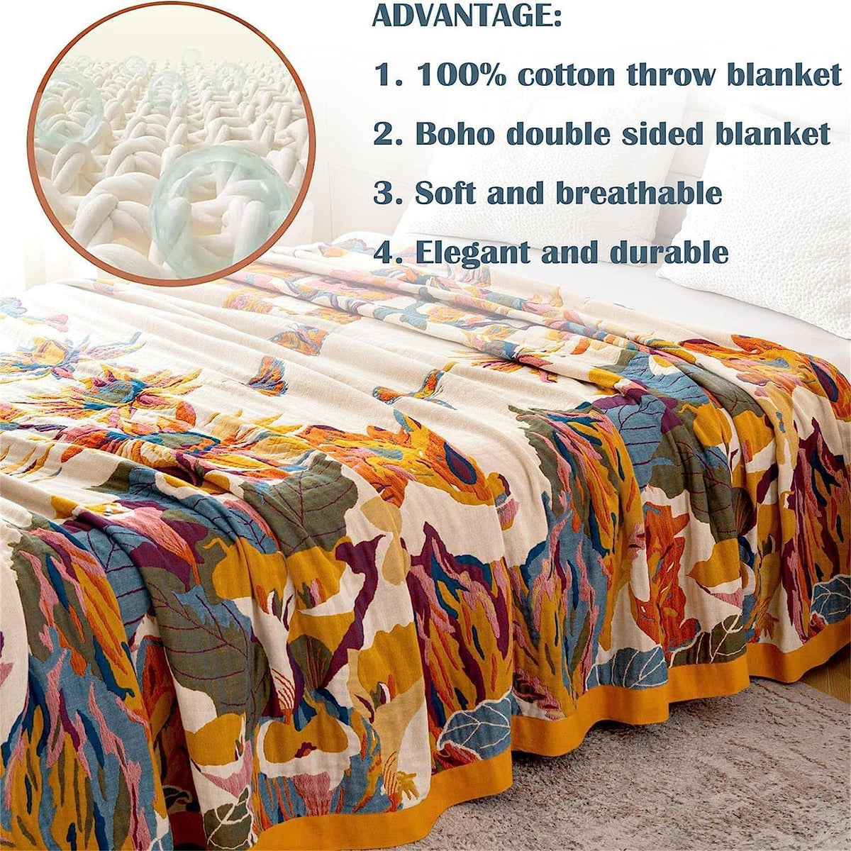 100% Cotton Throw Blanket for Bed Couch Summer 98''x 98'' Super Soft Muslin Blankets Warm Boho