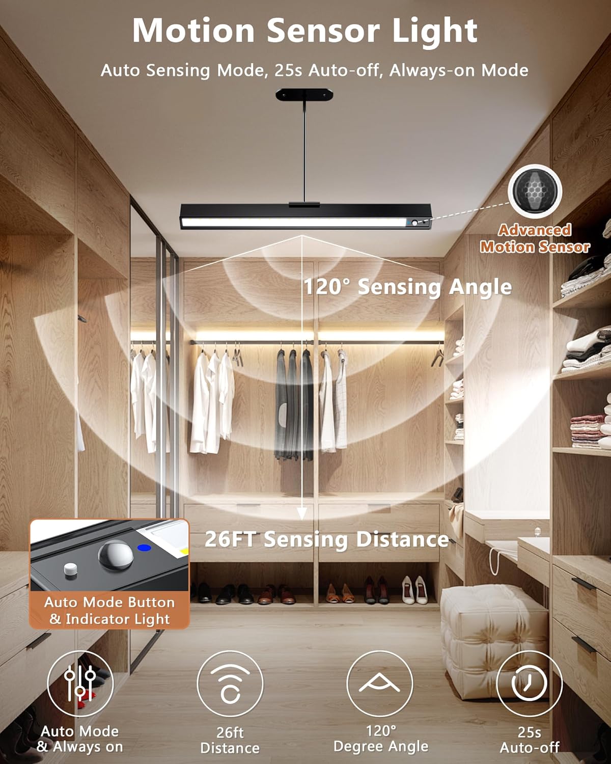 Rechargeable Motion Sensor Ceiling Light, Full Metal Pendant Lights, Battery Operated LED Closet