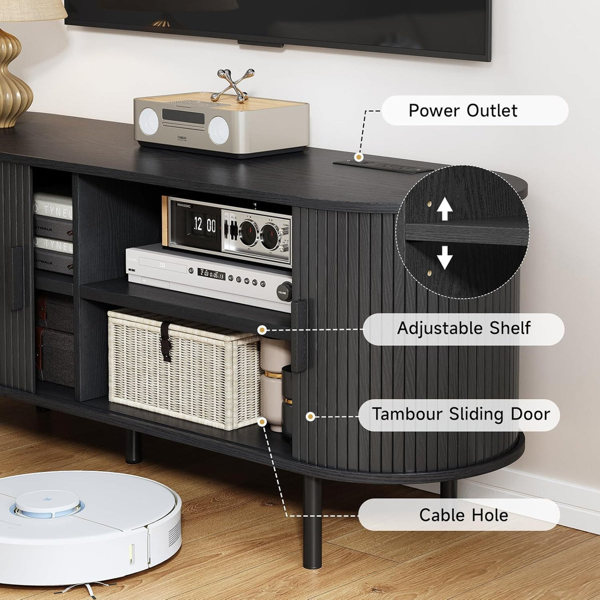 63" TV Stand with Power Outlet, Modern Media Console with Sliding Doors, Entertainment Center for