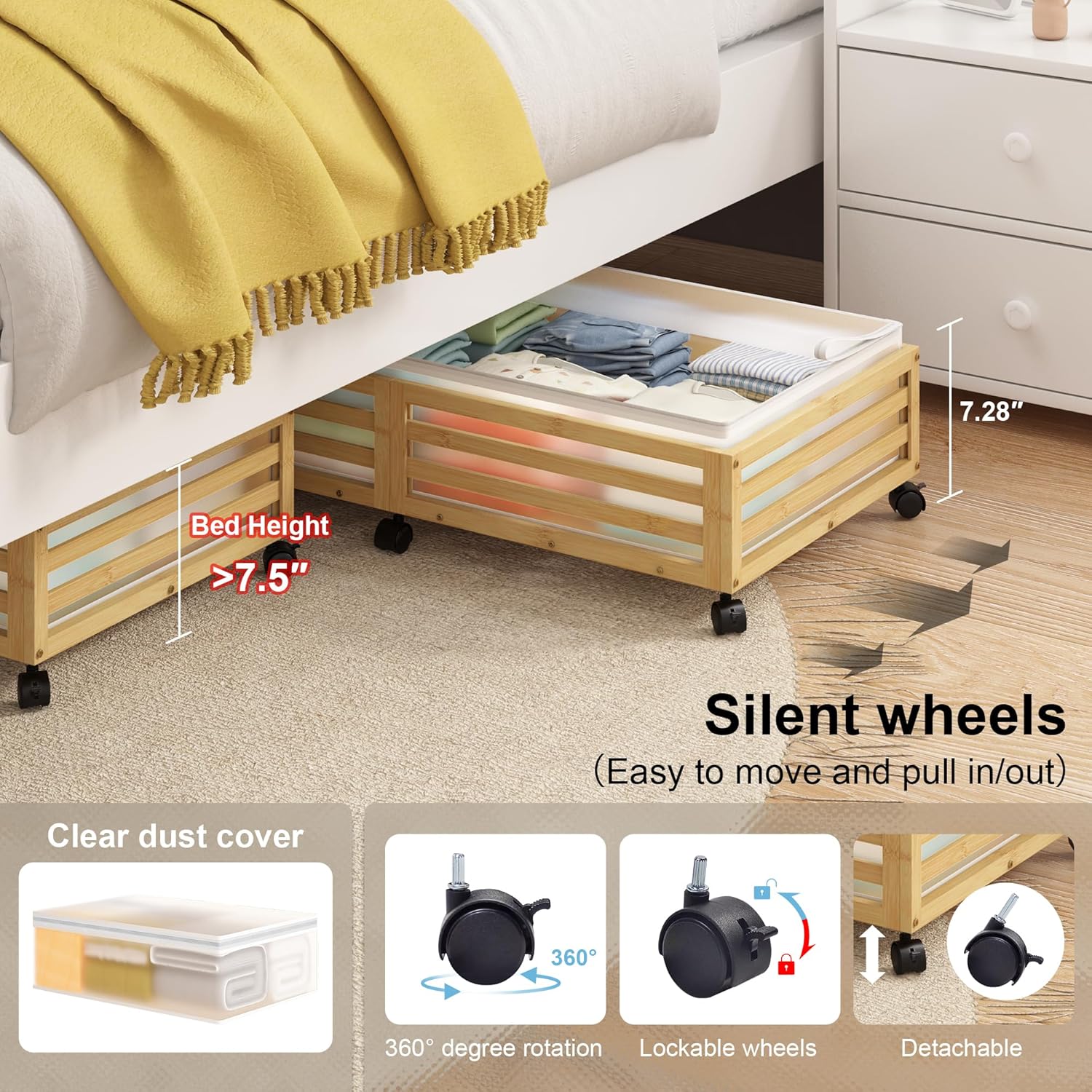 Under Bed Storage with Wheels-Large Bamboo Underbed storage Containers with Large Dust Bag