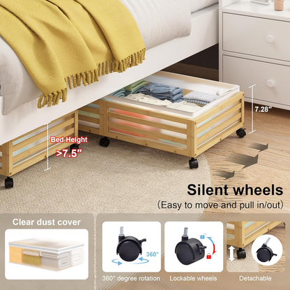 Under Bed Storage with Wheels-Large Bamboo Underbed storage Containers with Large Dust Bag