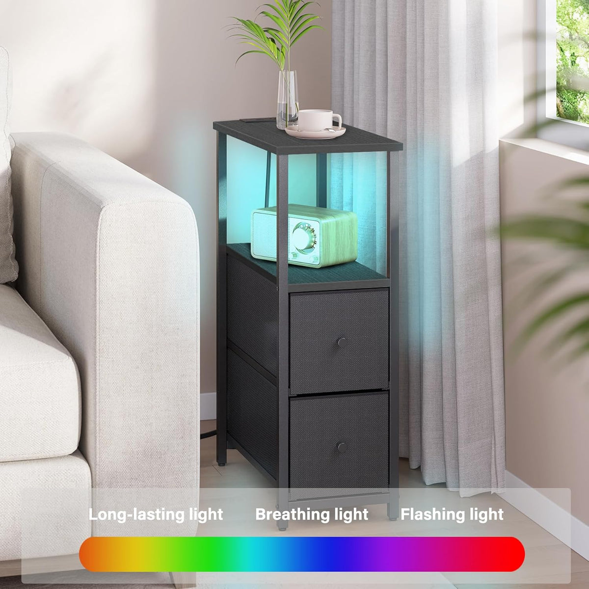 TUTOTAK Small Narrow LED End Table with Charging Station, Side Table Outlets, Nightstand with 2
