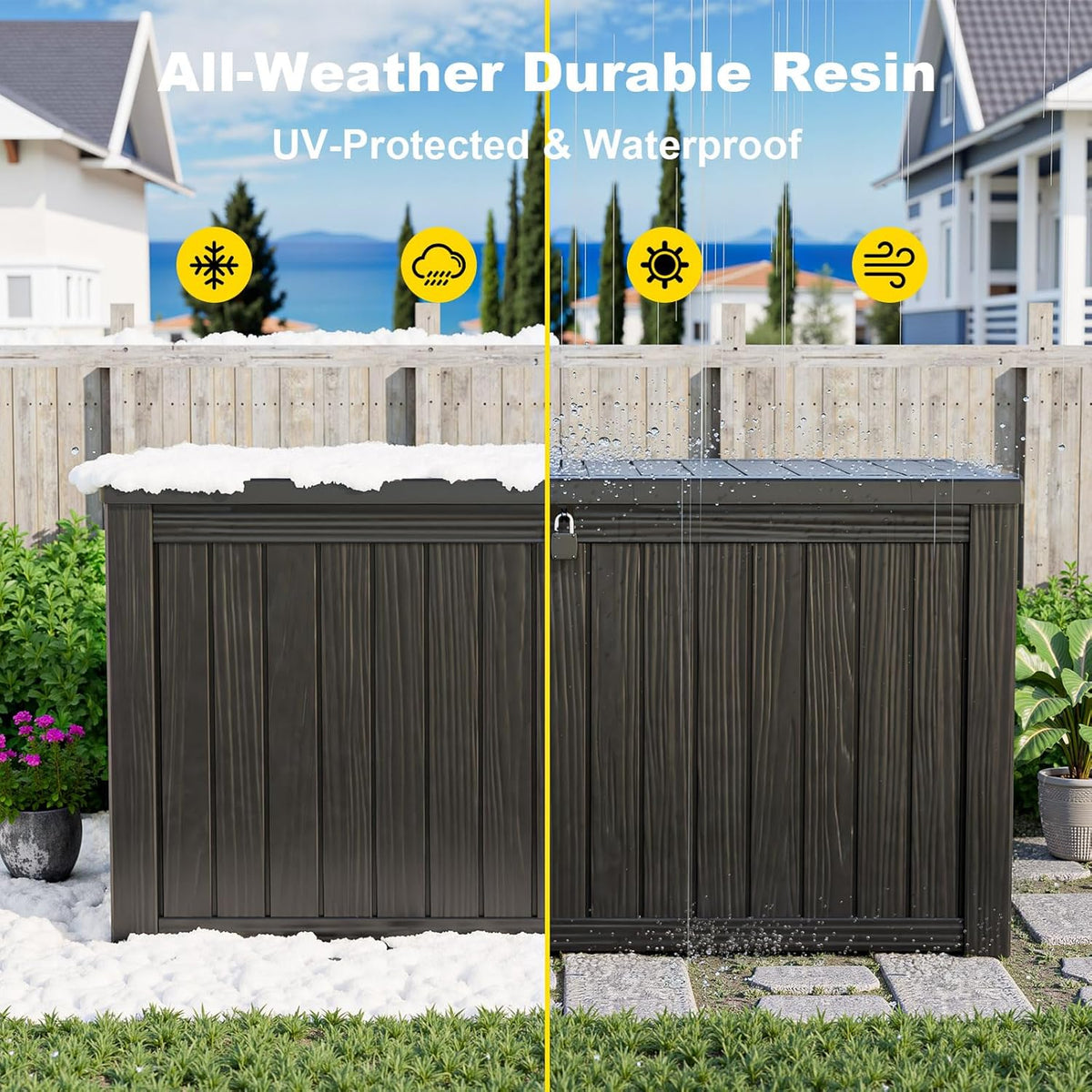 DRATO 150 Gallon Outdoor Storage Box, Large Waterproof Deck Box, Lockable Resin Storage Container