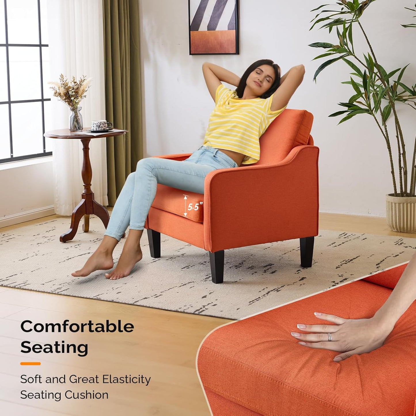 VINGLI Burnt Orange Mid Century Modern Accent Chair for Living Room & Bedroom, Scooped Arm