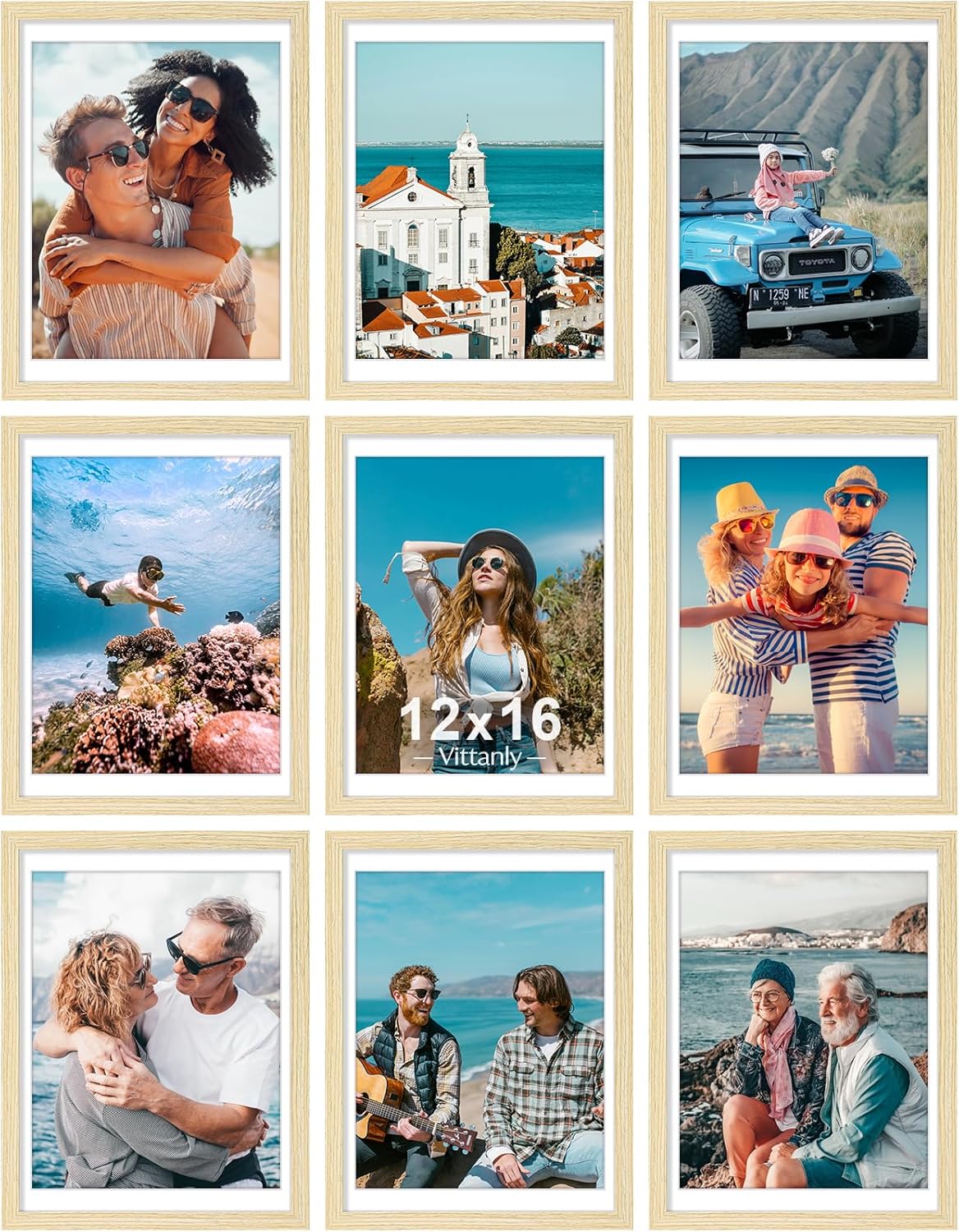 Vittanly 12x16 Picture Frames Set of 9, Shatter Resistant Plexiglass, Display 11x14 Pictures with