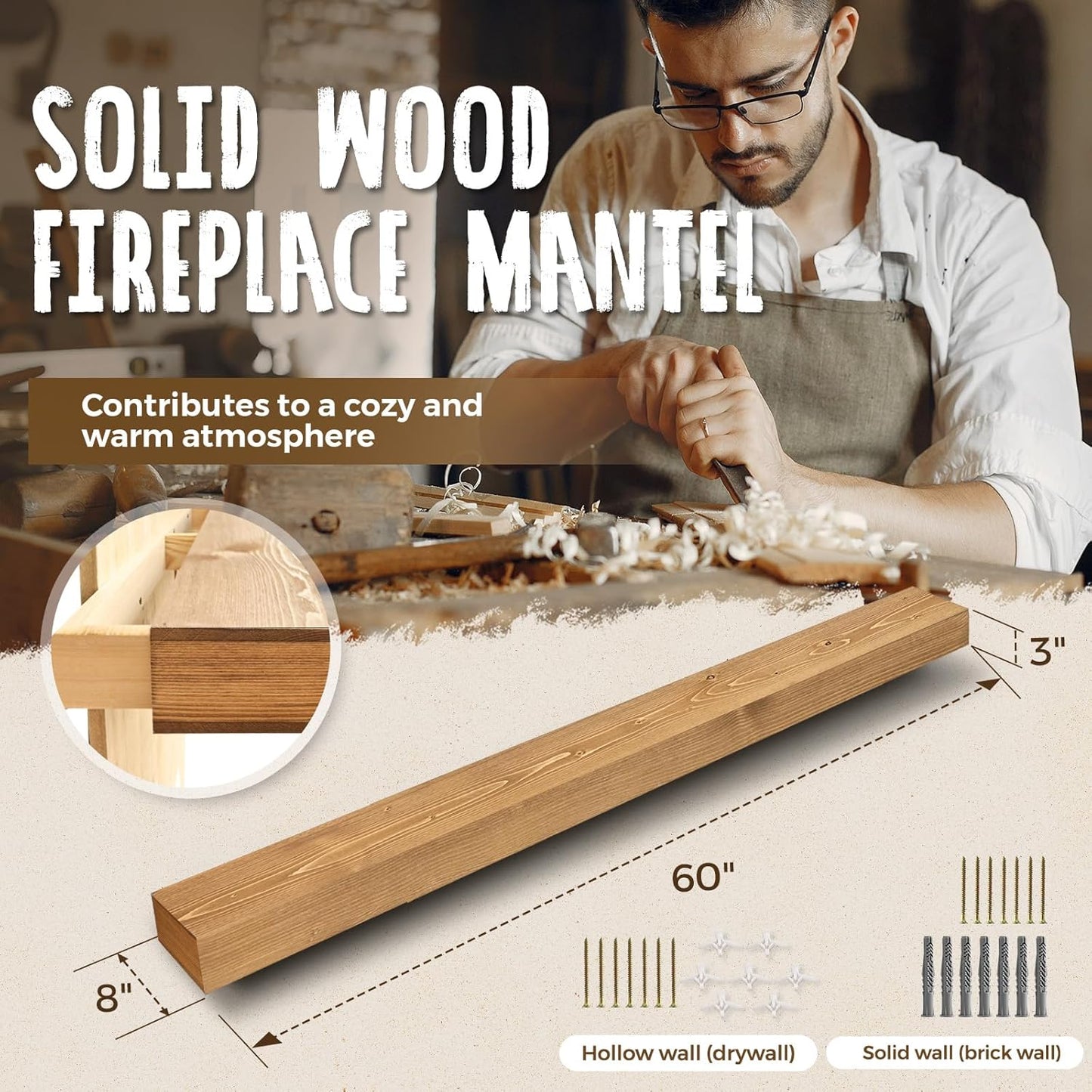 60x8x3 Fireplace Mantel - Handcrafted Hollow Rustic Solid Wood Wall Mounted Floating Shelf with