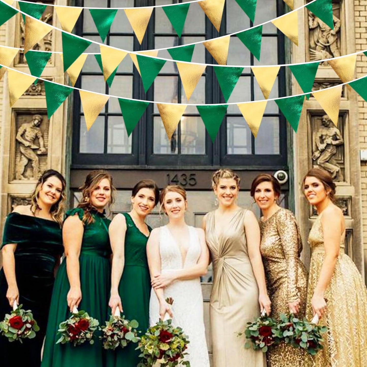 Green Gold Party Decorations Metallic Fabric Triangle Pennant Banner Flag Bunting Garland for