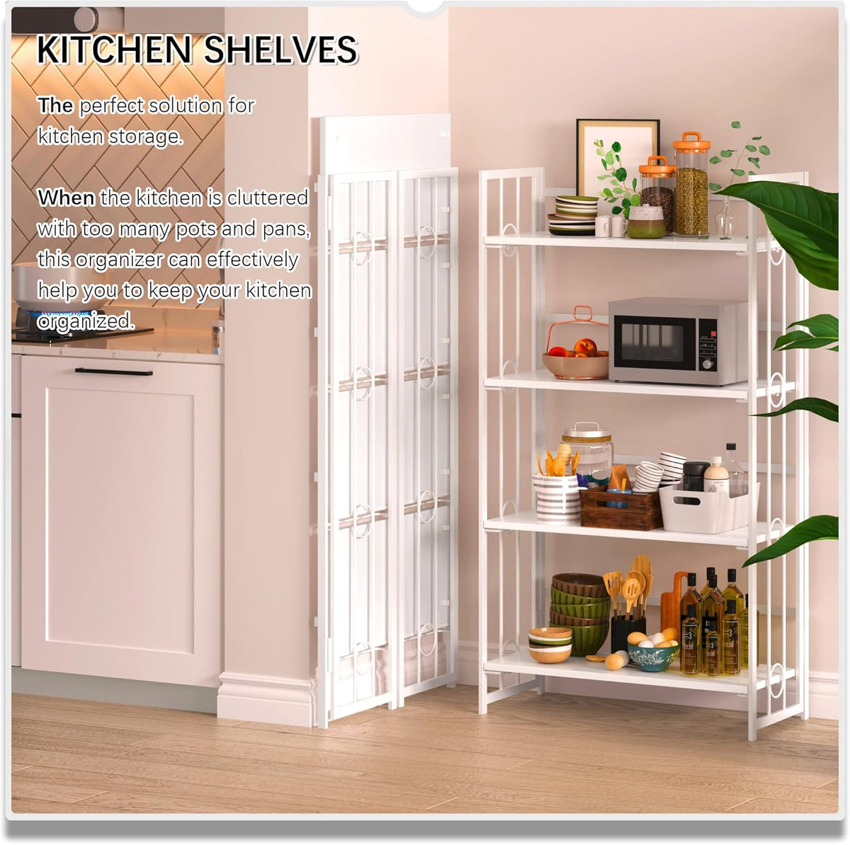 4NM No Assembly 4 Tiers Folding Bookshelf, 47.2" H Foldable Storage Shelves Vintage Bookcase