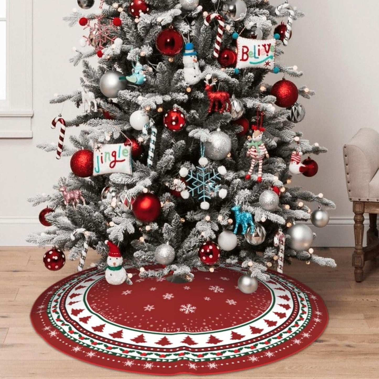 Christmas Tree Skirt 48 Inches, Red and Green Xmas Tree Mat with Winter Snowflake for Christmas