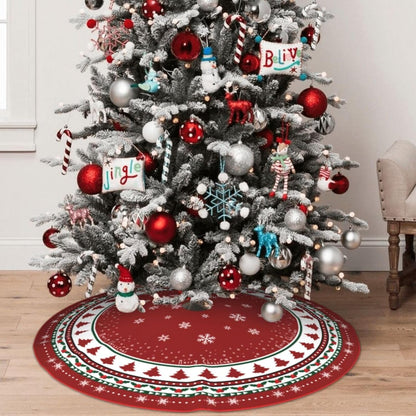 Christmas Tree Skirt 48 Inches, Red and Green Xmas Tree Mat with Winter Snowflake for Christmas