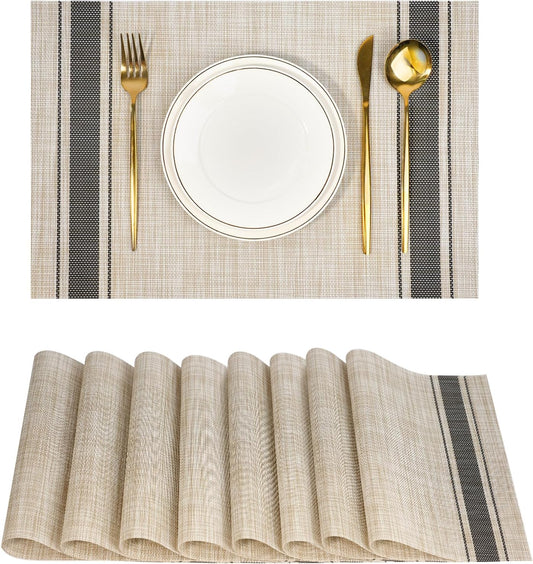 Placemats Set of 8，Non-Slip PVC Weave Table Mats Easy to Clean，Heat Resistant Place Mats for