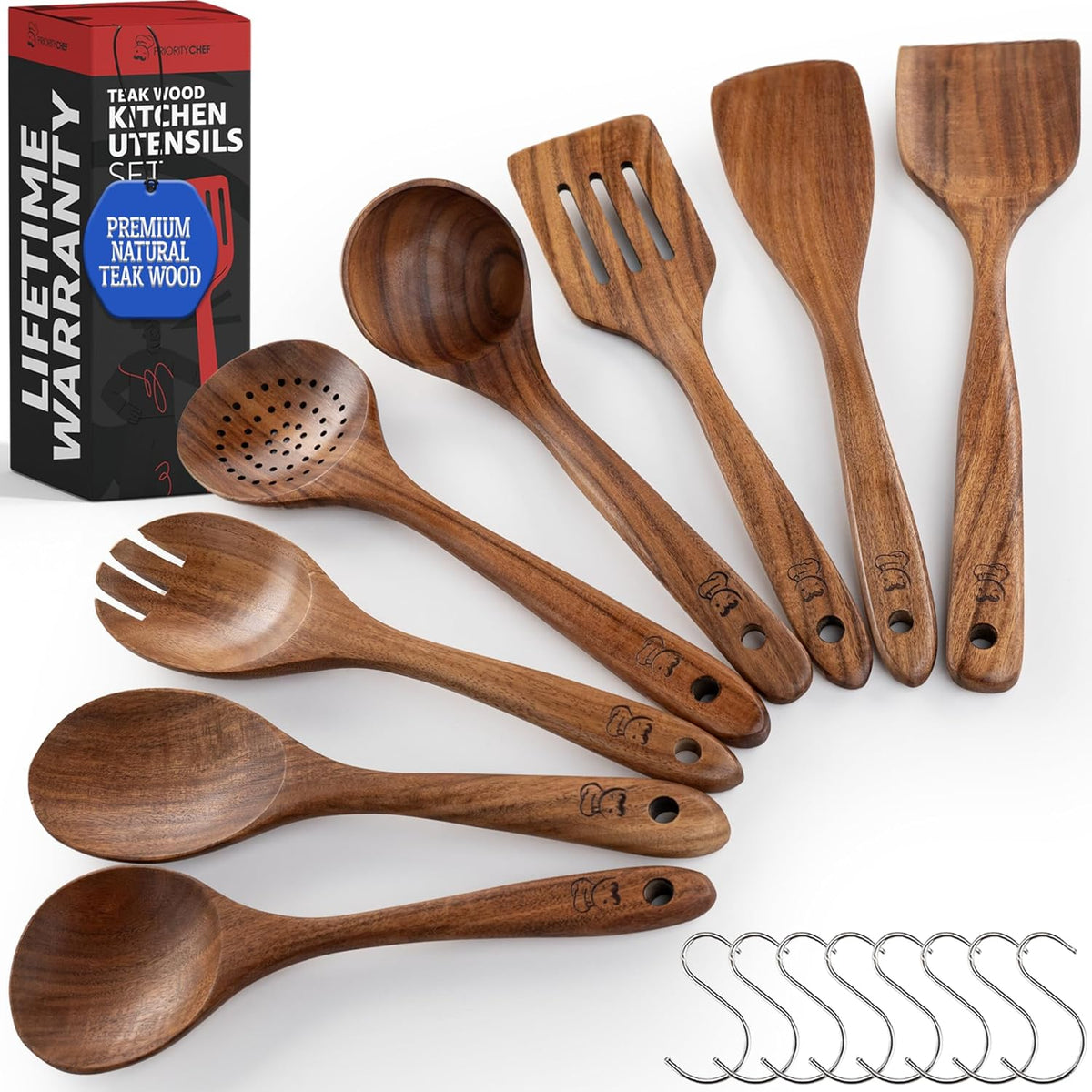 PriorityChef Premium Wooden Spoons for Cooking - 8pc Smooth Finish Teak Utensil Set with Hanging