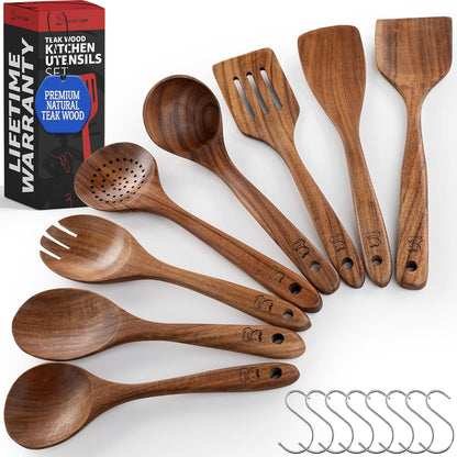 PriorityChef Premium Wooden Spoons for Cooking - 8pc Smooth Finish Teak Utensil Set with Hanging
