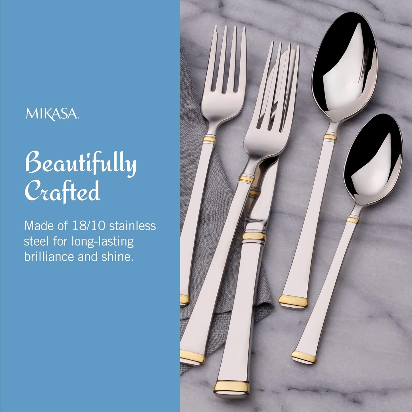 Mikasa Gold Accent Harmony Flatware Set for 12, 65 Piece 18/10 Stainless Steel Silverware with