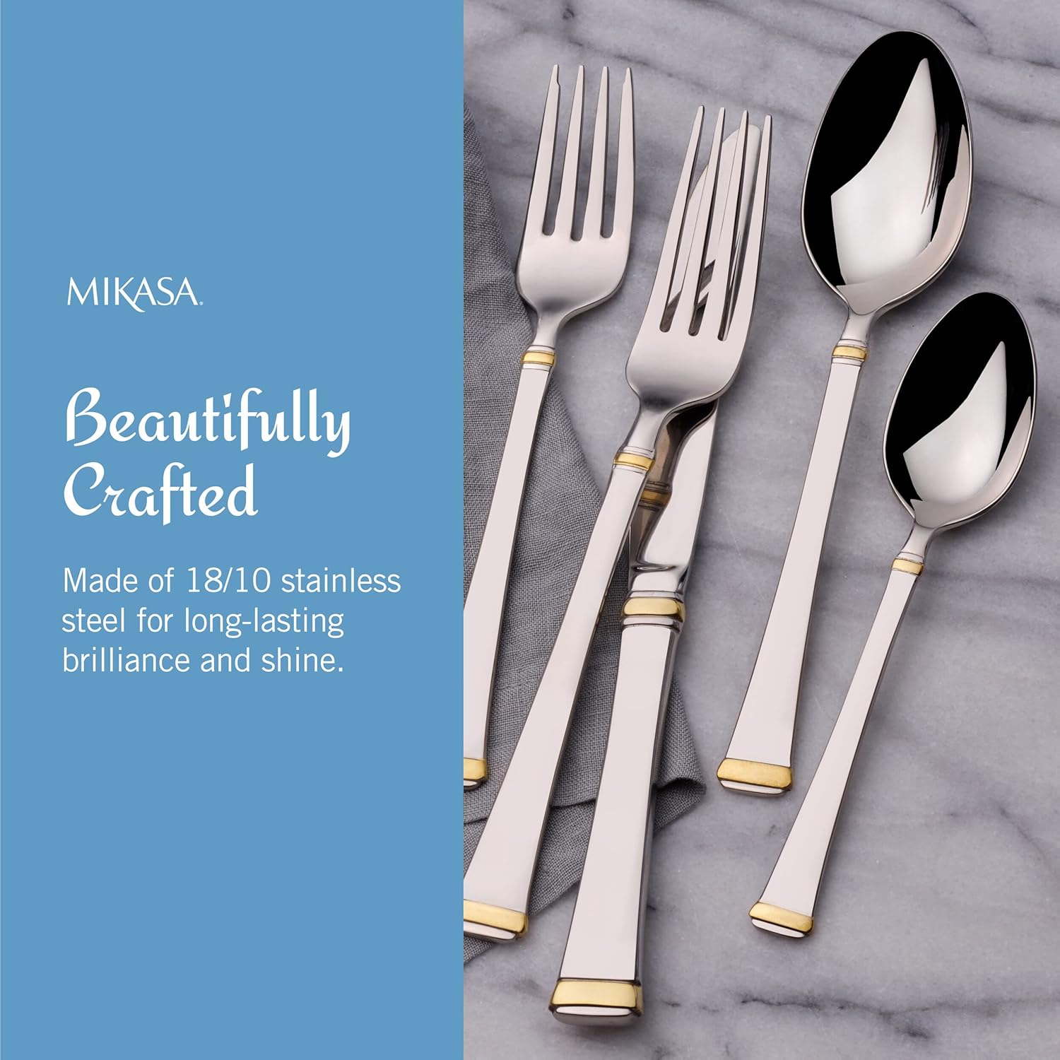 Mikasa Gold Accent Harmony Flatware Set for 12, 65 Piece 18/10 Stainless Steel Silverware with