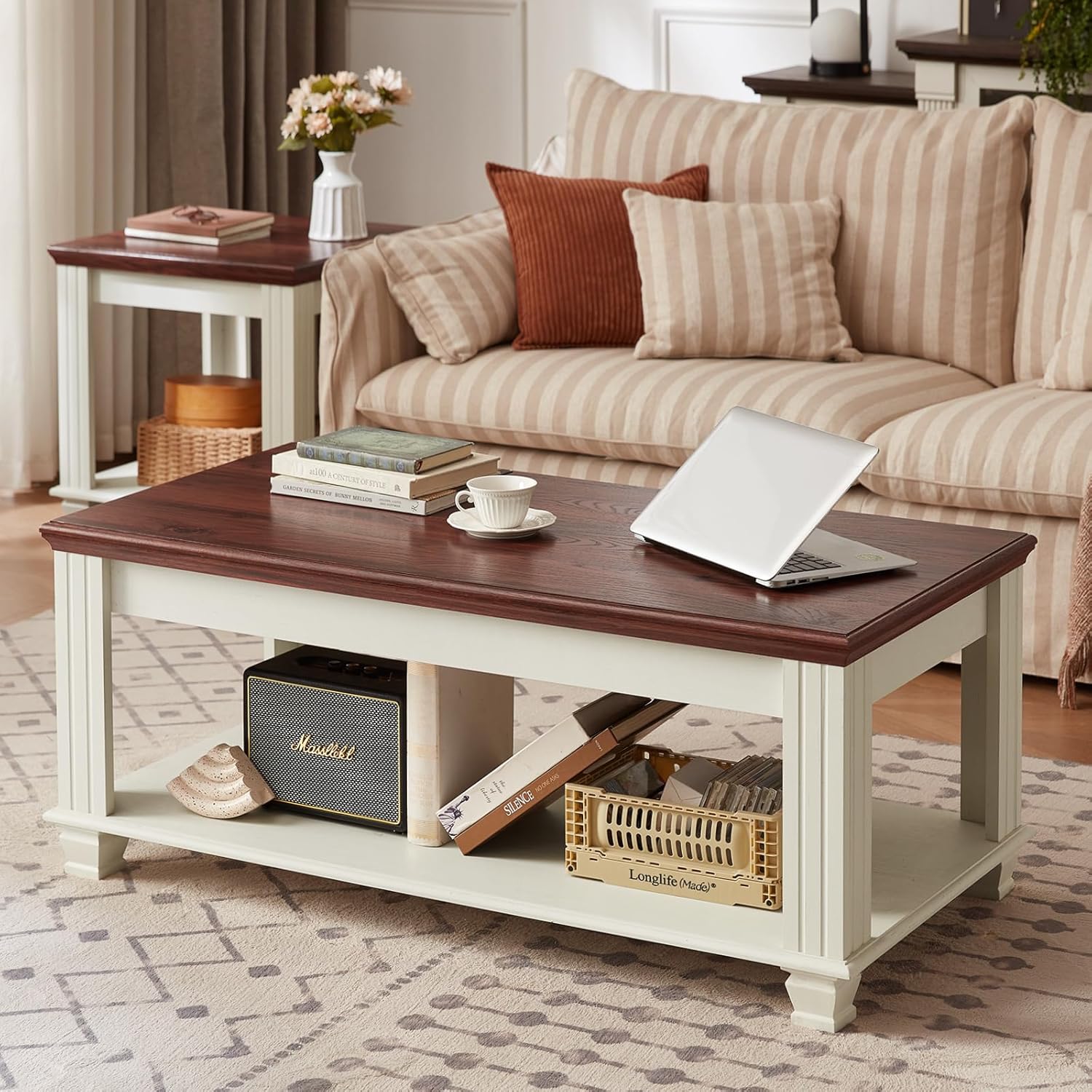 Farmhouse Coffee Tables for Living Room,Square Tea Table with Open Storage Shelf,Large Coffee