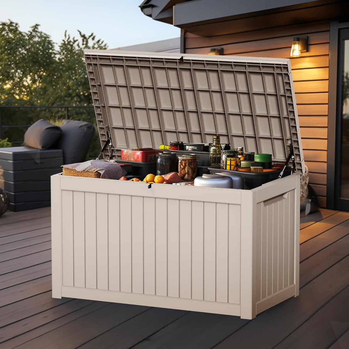 Vixzen 230 Gallon Resin Deck Box, Lockable Outdoor Storage Box for Patio Cushions Storage