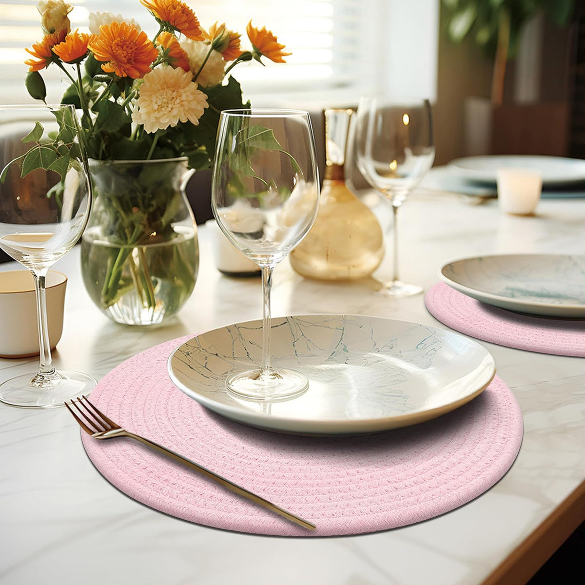 Round Placemats Set of 6, Cotton Rope Woven Table Mats, Hot Pads for Kitchen, Non Slip Heat