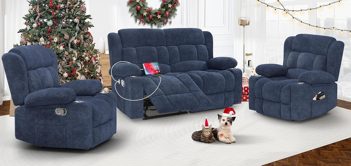 Loveseat Recliner Sofa Set with 2+1+1 Pieces, 2 Seater Minimalist Style Fabric Manual Pull Tab