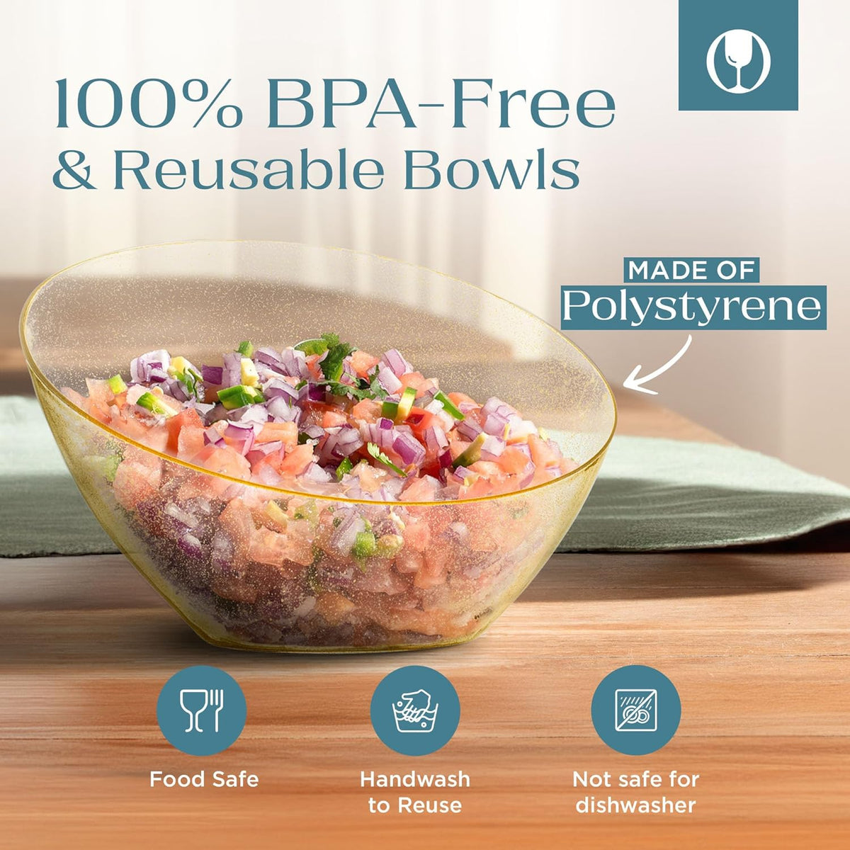 Posh Setting Gold Plastic Serving Bowls - Angled, Disposable for Chips, Candy, Salad, Fruit