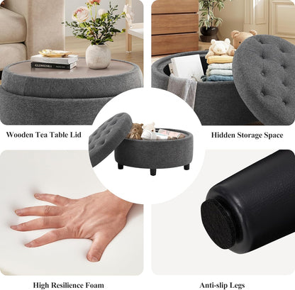 COLAMY Fabric Round Storage Ottoman with Reversible Tray Lid – Multi-Functional Footrest, Hidden