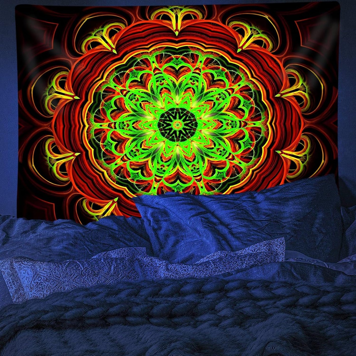 Blacklight Mandala Tapestry Wall Hanging, Psychedelic Black Light Posters for Adults and Teens, UV