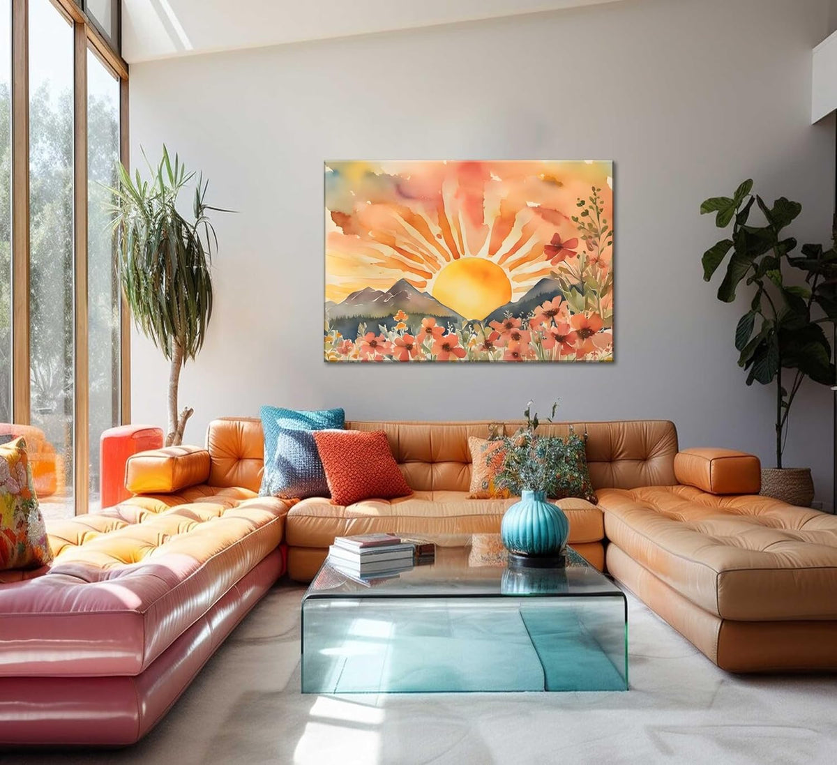 Boho Sun Canvas Wall art Mid-Century Modern Abstract Bohemian Sunset in The Mountains Watercolor
