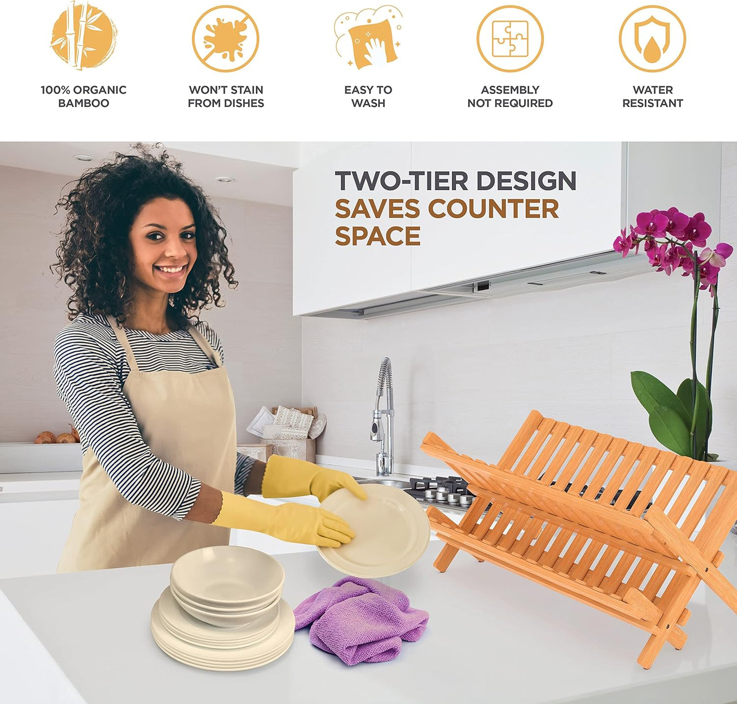 BAMBUSI Dish Drying Rack - Collapsible 2-Tier Bamboo Dish Rack for Kitchen Counter, Wooden Dish