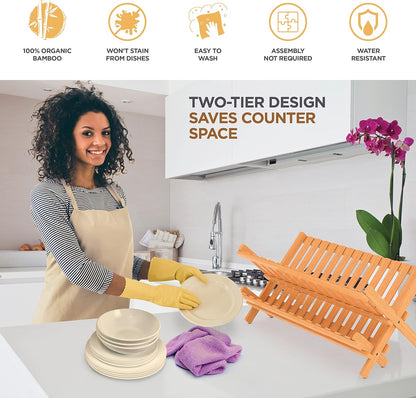 BAMBUSI Dish Drying Rack - Collapsible 2-Tier Bamboo Dish Rack for Kitchen Counter, Wooden Dish