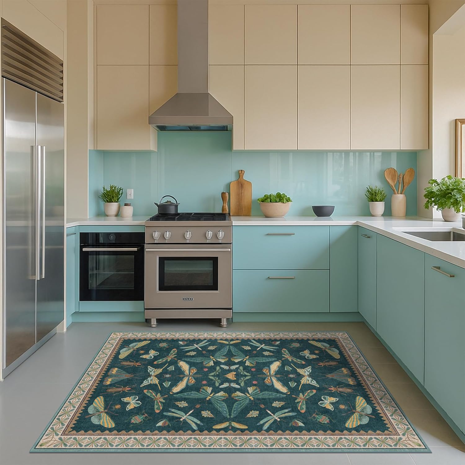Dark Teal 4x6 Area Rugs for Door Mat Entrance - Vintage Floor Rug for Entryway, Mudroom Kitchen